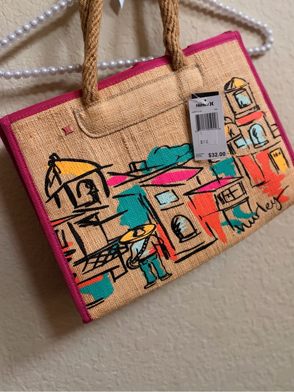 Hurley Hand-Painted Straw Tote with Pink Trim and Multicolor Art